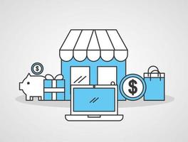 Store building with online shopping technology icons vector