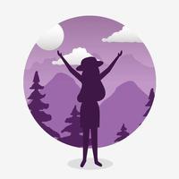 Wanderlust landscape with tourist woman scene vector