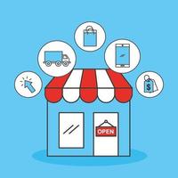 Store building with online shopping technology icons vector