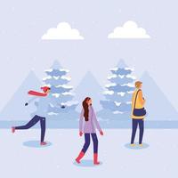 personas haciendo actividades al aire libre en la nieve. vector