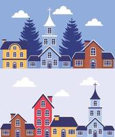 City in a winter landscape scene set vector