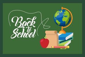 back to school poster with chalkboard and supplies vector