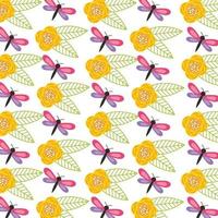 Hello spring pattern background with flowers and dragonfly vector