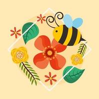 hello spring poster with flowers and bee flying vector