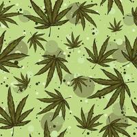 Green seamless pattern with hemp leaves and circles on the background. vector