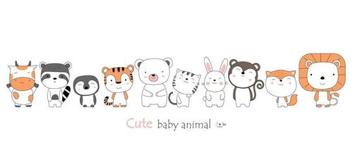 Hand drawn style. Cartoon baby animals vector