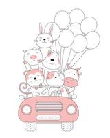 Cartoon sketch of cute baby animals in the car. Hand-drawn style. vector