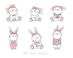 Cute rabbit cartoons on white background. hand drawn style vector