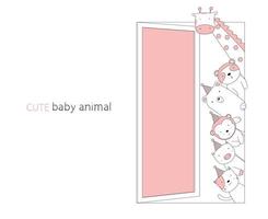 Cartoon cute baby animals in the door. Hand-drawn style. vector