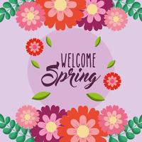 hello spring poster with floral frame vector