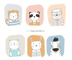 Cartoon baby animals with frame color backgrounds.  Hand-drawn style. vector