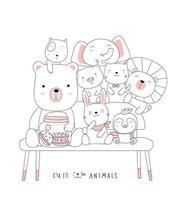 Cartoon cute baby animals on a chair. Hand-drawn style. vector