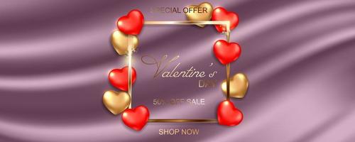 Happy Valentines Day sale banner on silk fabric background vector