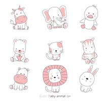 Set of cartoon baby animals on white background. Hand drawn style. vector
