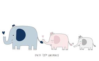 dibujos animados lindos elefantes y bebés. estilo dibujado a mano. vector