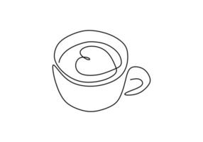 One line drawing of coffee. Cup with heart cappuccino latte art, symbol of love and relaxation. vector