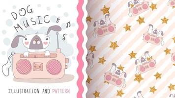 Cute cartoon puppy with radio, seamless pattern