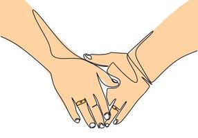 Continuous line drawing of holding hands. Couple in love one hand drawn sketch. vector