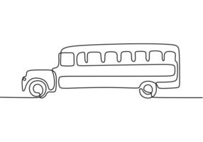 autobús escolar, dibujo de una línea. Dibujado a mano continuo de un vehículo, utilizado regularmente para transportar estudiantes. vector