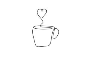 One line drawing of cup of coffee with heart. Continuous single hand drawn vector illustration, minimalism sketch design.