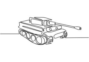 Tank one line drawing. An armoured fighting vehicle designed for front-line combat. Vector illustration army engine, minimalism continuous hand drawn.