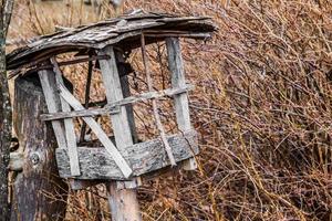 Wooden birdhouse next to shrubery photo