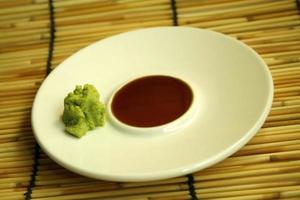 Soy sauce and wasabi on a plate photo