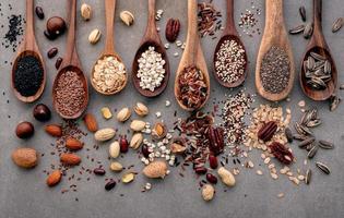 Different types of grains and cereals on shabby concrete background photo