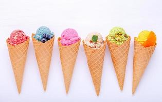 Various of ice cream flavor in cones photo