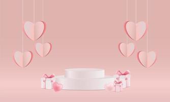 banner de venta de san valentín con soporte de producto y cajas de regalo. vector