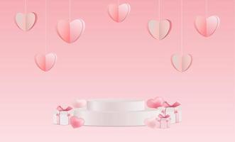 Valentines Day Product Stand and paper hearts and gift boxes vector