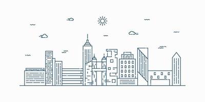 City landscape line art vector. Thin line cityscape with building, clouds, sun. Vector illustration.