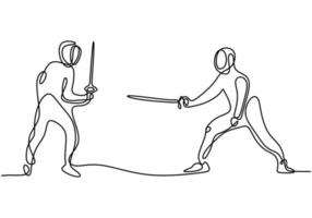 un dibujo de línea continua de dos hombres jóvenes esgrimistas practican la acción de lucha en la arena deportiva. vector