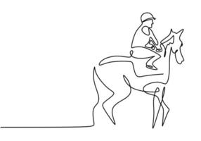 One single line drawing of young man riding a horse. Rider on horseback, minimalism concept. vector