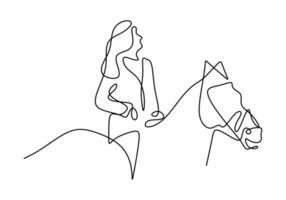 jinete de dibujo continuo de una línea a caballo. Mujer joven jinete realizando prueba de doma. vector