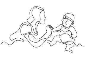 feliz día de la madre. dibujo continuo de una línea. mujer sostiene a su bebé. dándole la mano al niño. vector