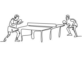 dibujo continuo de una sola línea de jóvenes jugadores de tenis de mesa ágiles que golpean la pelota. dos atletas jugando tenis de mesa. vector