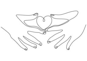 Hand holding heart one line drawing. Minimalism sketch vector illustration. Love symbol for valentines day card, banner, and background.