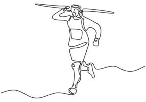 Continuous line drawing of javelin athlete. Young sporty man exercise to run stance before throw javelin on the field. vector