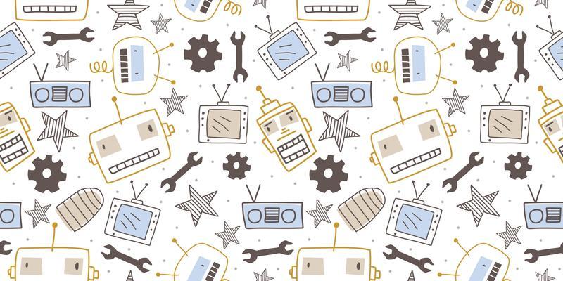 Hand drawn robots seamless pattern. Cute character vintage background.