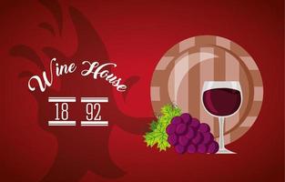 cartel de la casa del vino con barril y uvas vector