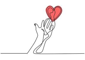 Hand with heart love symbol. Continuous line drawing, romantic one hand drawn sketch vector illustration.