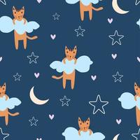 Seamless childish pattern with cute cats, moon, star, love and clouds. vector