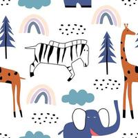 Seamless pattern with cute zebra, elephant, giraffe. Hand drawn adorable animal background in the childish style. vector