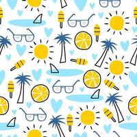 Summer seamless pattern, vector illustration with palm tree, sunglasses and ice cream.