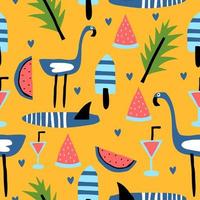 Summer seamless pattern, vector illustration with flamingo, watermelon, and palm leaves.