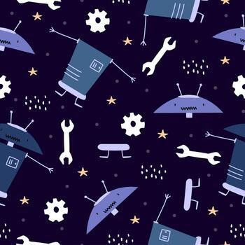 Funny robots seamless pattern with Scandinavian drawing style. vector