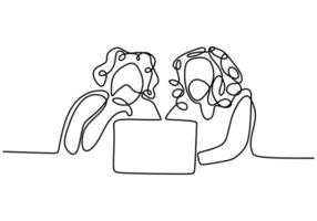 Continuous one line drawing of two office workers at work using laptop. vector