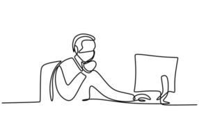 Continuous line drawing of man looking at computer screen. vector