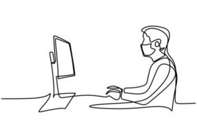 Continuous line drawing of man looking at computer screen. vector